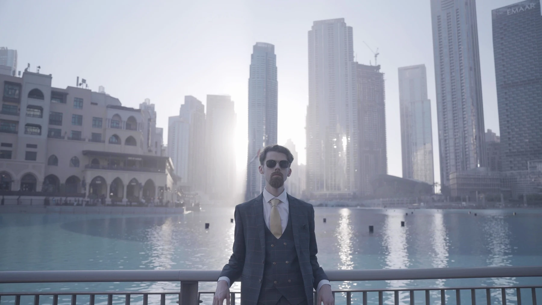 Reece Stone beside the Burj Khalifa waterfront in Dubai