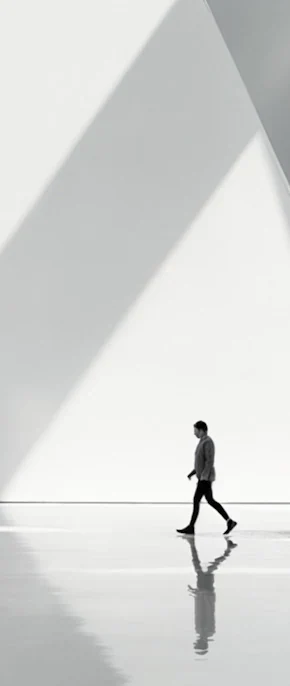 A person moving through a bright architectural space